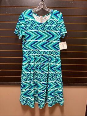 NWT LuLaRoe Amelia Dress 2XL Blue Green Geometric Print Fit & Flare